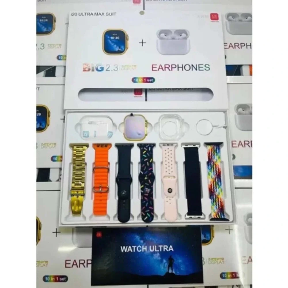 i20 Ultra 3 Max Suit Smart Watch 49mm Infinite Display and Earphones 10 in 1 Set